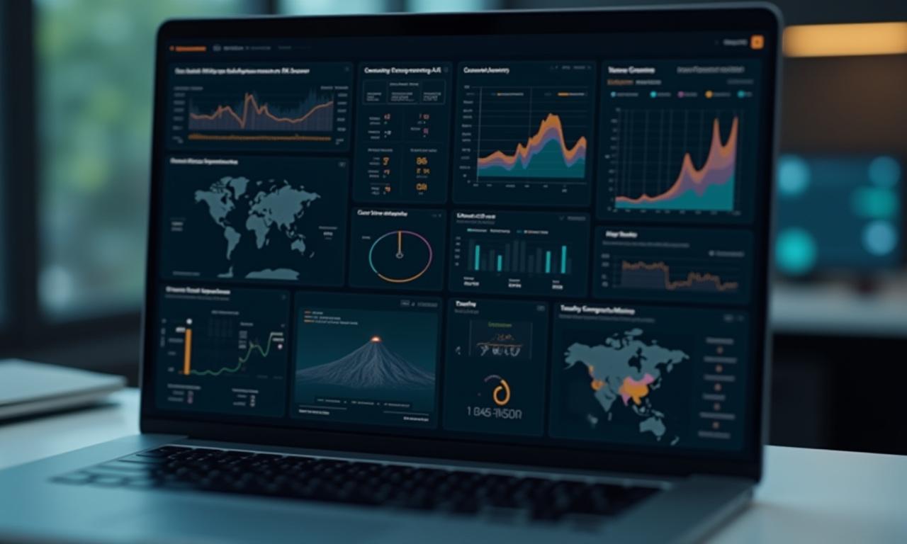 Mockup della dashboard di monitoraggio vulcanico su un laptop con dati e grafici